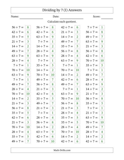 The Horizontally Arranged Dividing by 7 with Quotients 1 to 10 (100 Questions) (I) Math Worksheet Page 2