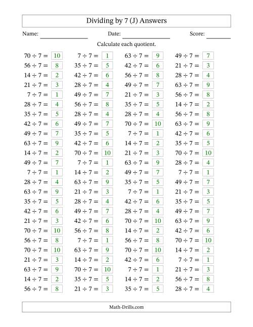 The Horizontally Arranged Dividing by 7 with Quotients 1 to 10 (100 Questions) (J) Math Worksheet Page 2