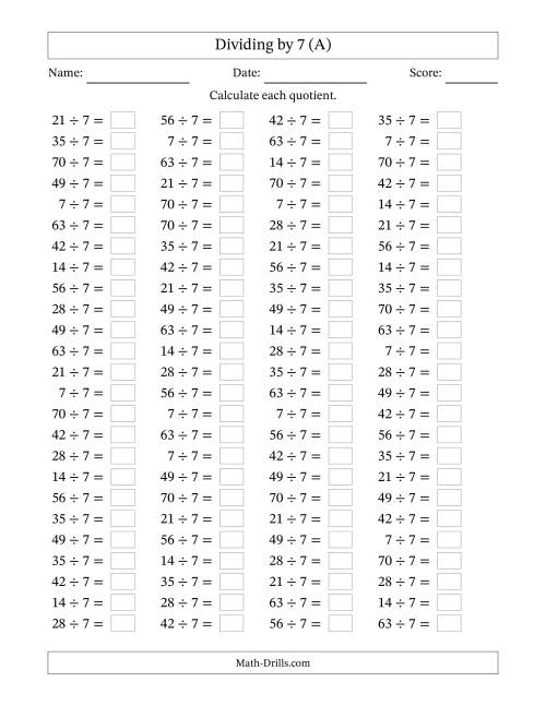 The Horizontally Arranged Dividing by 7 with Quotients 1 to 10 (100 Questions) (All) Math Worksheet