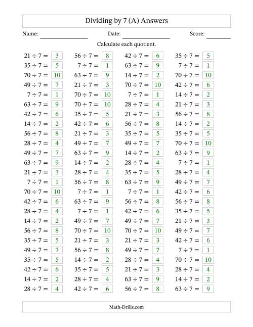 The Horizontally Arranged Dividing by 7 with Quotients 1 to 10 (100 Questions) (All) Math Worksheet Page 2