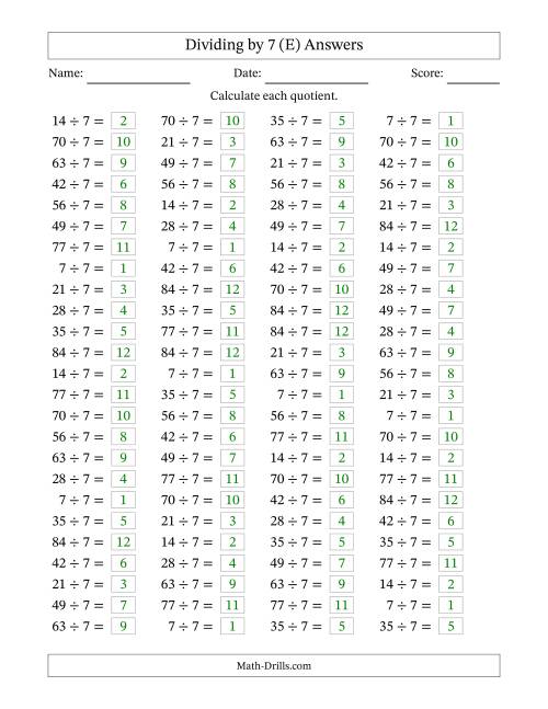 The Horizontally Arranged Dividing by 7 with Quotients 1 to 12 (100 Questions) (E) Math Worksheet Page 2