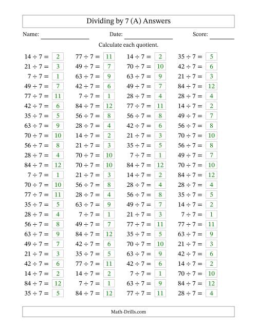 The Horizontally Arranged Dividing by 7 with Quotients 1 to 12 (100 Questions) (All) Math Worksheet Page 2