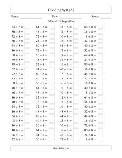 Horizontally Arranged Dividing by 8 with Quotients 1 to 10 (100 Questions)