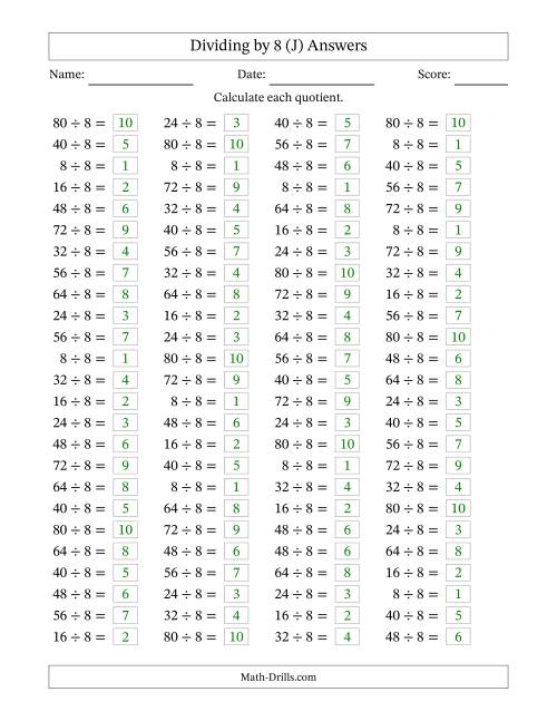 The Horizontally Arranged Dividing by 8 with Quotients 1 to 10 (100 Questions) (J) Math Worksheet Page 2