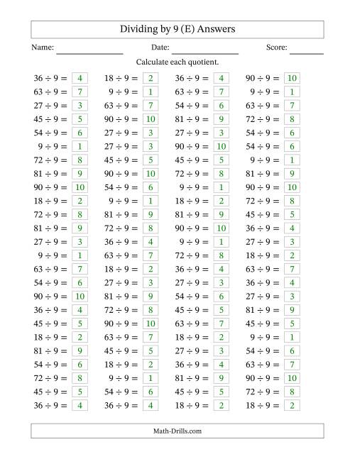 The Horizontally Arranged Dividing by 9 with Quotients 1 to 10 (100 Questions) (E) Math Worksheet Page 2