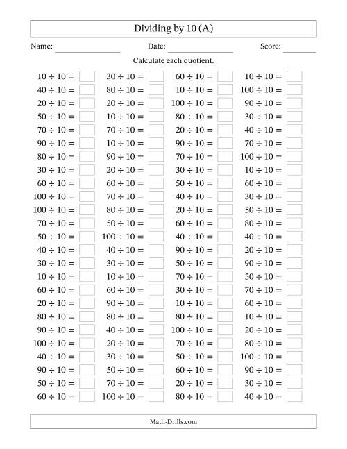 The Horizontally Arranged Dividing by 10 with Quotients 1 to 10 (100 Questions) (All) Math Worksheet