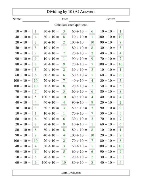 The Horizontally Arranged Dividing by 10 with Quotients 1 to 10 (100 Questions) (All) Math Worksheet Page 2