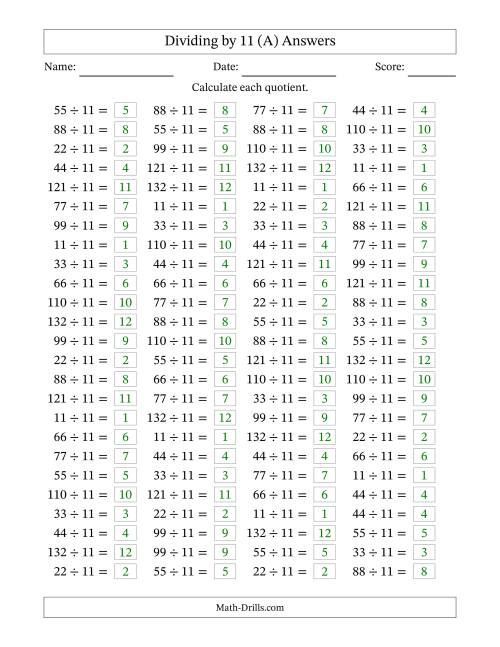 The Horizontally Arranged Dividing by 11 with Quotients 1 to 12 (100 Questions) (A) Math Worksheet Page 2