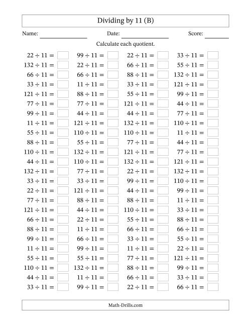 The Horizontally Arranged Dividing by 11 with Quotients 1 to 12 (100 Questions) (B) Math Worksheet