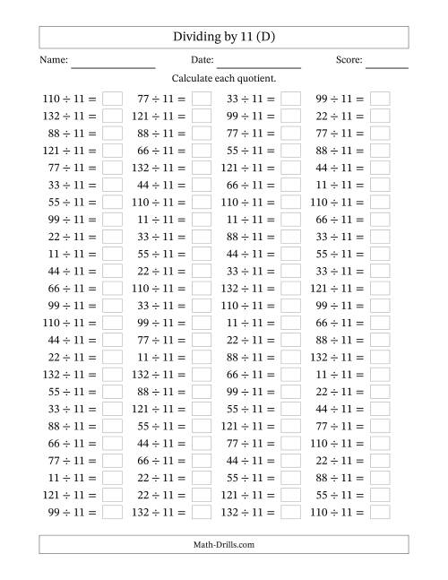 The Horizontally Arranged Dividing by 11 with Quotients 1 to 12 (100 Questions) (D) Math Worksheet