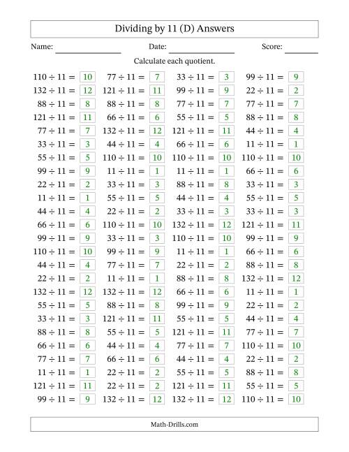 The Horizontally Arranged Dividing by 11 with Quotients 1 to 12 (100 Questions) (D) Math Worksheet Page 2