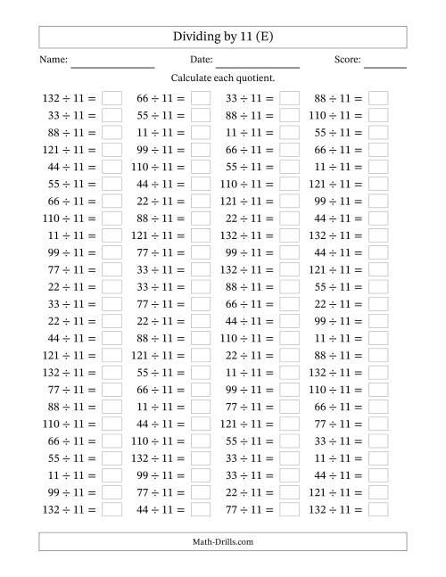 The Horizontally Arranged Dividing by 11 with Quotients 1 to 12 (100 Questions) (E) Math Worksheet