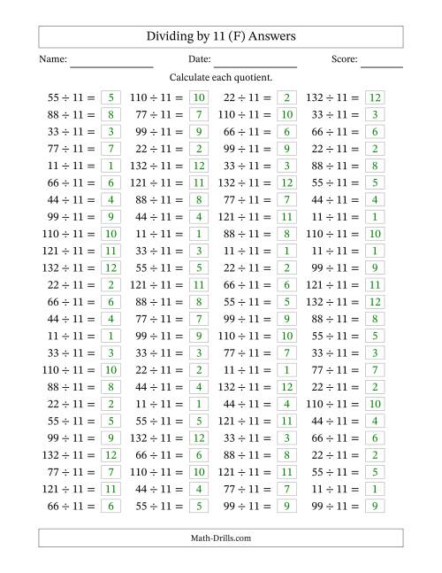 The Horizontally Arranged Dividing by 11 with Quotients 1 to 12 (100 Questions) (F) Math Worksheet Page 2