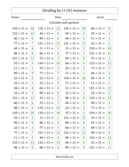 The Horizontally Arranged Dividing by 11 with Quotients 1 to 12 (100 Questions) (H) Math Worksheet Page 2