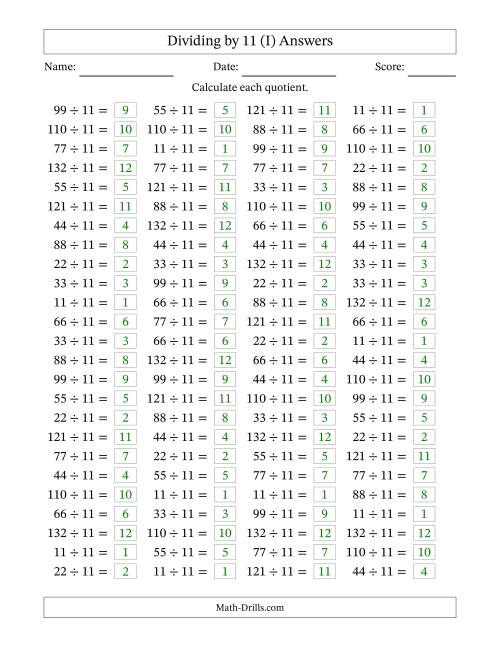 The Horizontally Arranged Dividing by 11 with Quotients 1 to 12 (100 Questions) (I) Math Worksheet Page 2