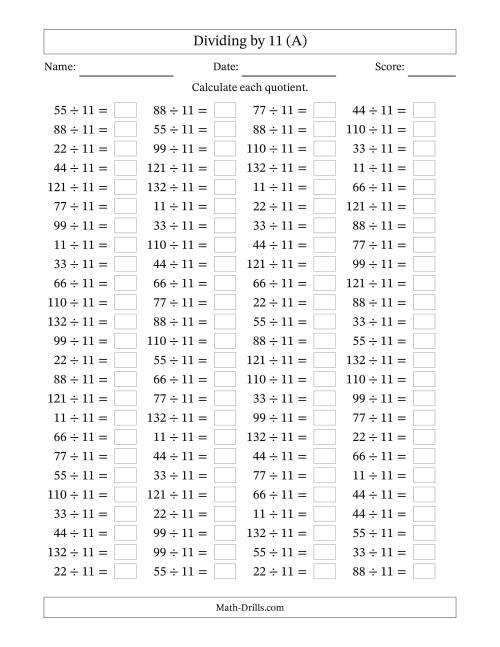 The Horizontally Arranged Dividing by 11 with Quotients 1 to 12 (100 Questions) (All) Math Worksheet
