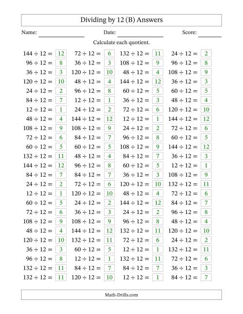 The Horizontally Arranged Dividing by 12 with Quotients 1 to 12 (100 Questions) (B) Math Worksheet Page 2