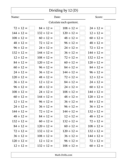The Horizontally Arranged Dividing by 12 with Quotients 1 to 12 (100 Questions) (D) Math Worksheet