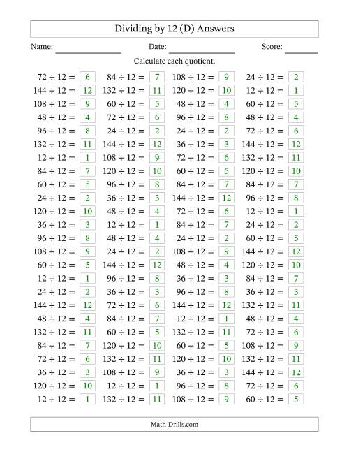 The Horizontally Arranged Dividing by 12 with Quotients 1 to 12 (100 Questions) (D) Math Worksheet Page 2