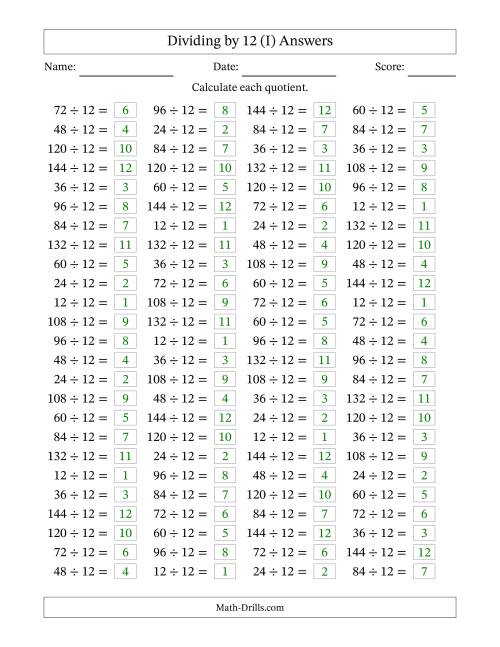 The Horizontally Arranged Dividing by 12 with Quotients 1 to 12 (100 Questions) (I) Math Worksheet Page 2