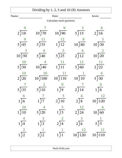 The Division Facts by a Fixed Divisor (1, 2, 5 and 10) and Quotients from 1 to 12 with Long Division Symbol/Bracket (50 questions) (B) Math Worksheet Page 2