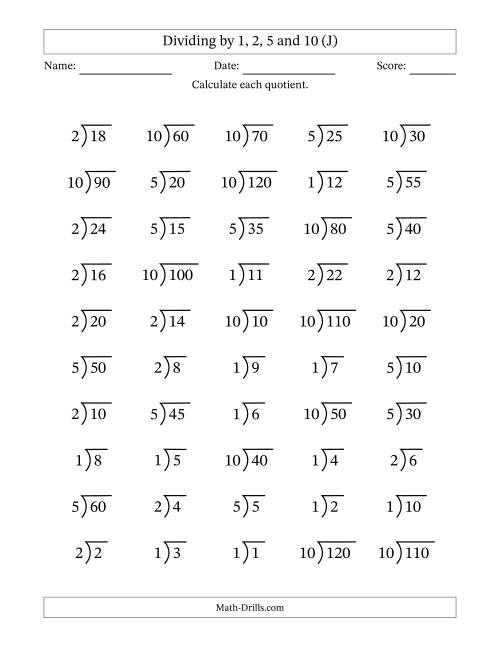 Dividing by 1, 2, 5 and 10 (Quotients 1 to 12) (J)