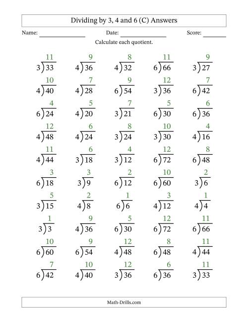The Division Facts by a Fixed Divisor (3, 4 and 6) and Quotients from 1 to 12 with Long Division Symbol/Bracket (50 questions) (C) Math Worksheet Page 2