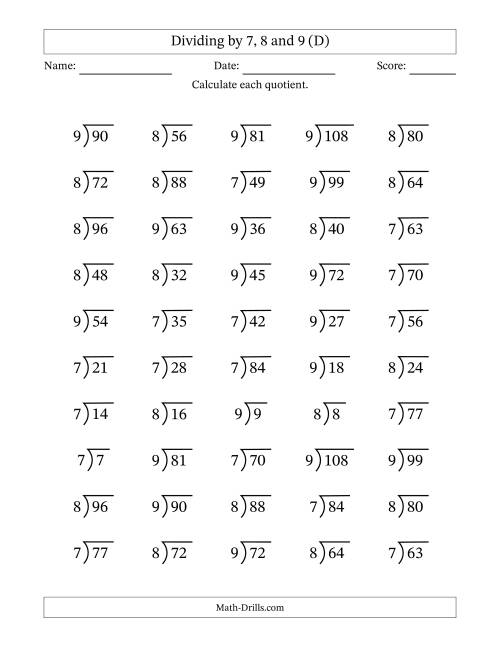 The Division Facts by a Fixed Divisor (7, 8 and 9) and Quotients from 1 to 12 with Long Division Symbol/Bracket (50 questions) (D) Math Worksheet