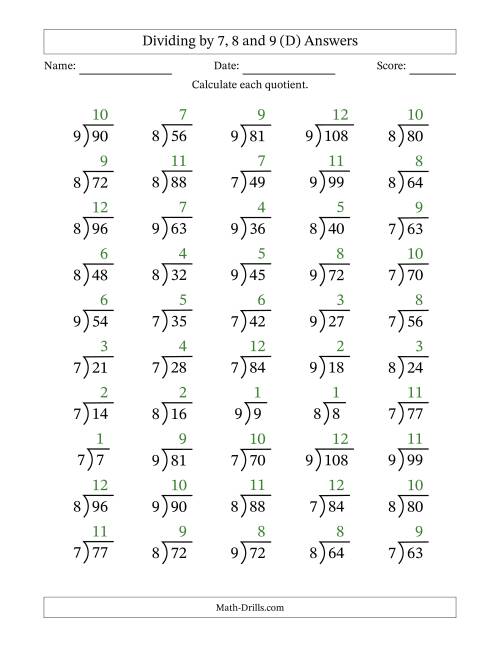 The Division Facts by a Fixed Divisor (7, 8 and 9) and Quotients from 1 to 12 with Long Division Symbol/Bracket (50 questions) (D) Math Worksheet Page 2