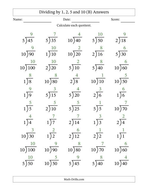 The Division Facts by a Fixed Divisor (1, 2, 5 and 10) and Quotients from 1 to 10 with Long Division Symbol/Bracket (50 questions) (B) Math Worksheet Page 2