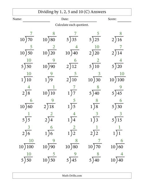 The Division Facts by a Fixed Divisor (1, 2, 5 and 10) and Quotients from 1 to 10 with Long Division Symbol/Bracket (50 questions) (C) Math Worksheet Page 2