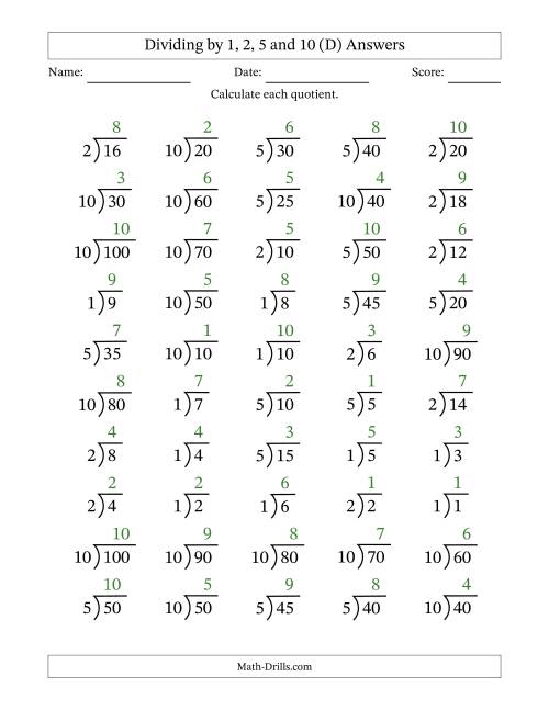 The Division Facts by a Fixed Divisor (1, 2, 5 and 10) and Quotients from 1 to 10 with Long Division Symbol/Bracket (50 questions) (D) Math Worksheet Page 2