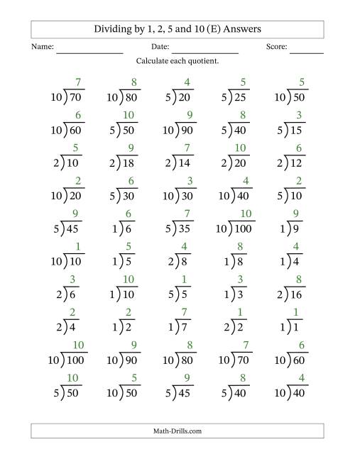 The Division Facts by a Fixed Divisor (1, 2, 5 and 10) and Quotients from 1 to 10 with Long Division Symbol/Bracket (50 questions) (E) Math Worksheet Page 2