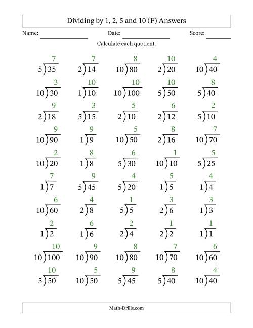 The Division Facts by a Fixed Divisor (1, 2, 5 and 10) and Quotients from 1 to 10 with Long Division Symbol/Bracket (50 questions) (F) Math Worksheet Page 2
