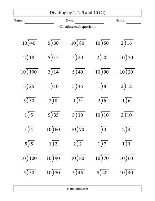 The Division Facts by a Fixed Divisor (1, 2, 5 and 10) and Quotients from 1 to 10 with Long Division Symbol/Bracket (50 questions) (G) Math Worksheet
