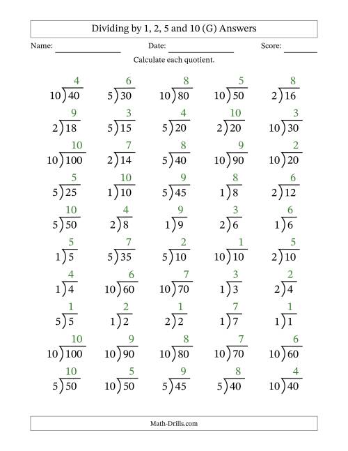 The Division Facts by a Fixed Divisor (1, 2, 5 and 10) and Quotients from 1 to 10 with Long Division Symbol/Bracket (50 questions) (G) Math Worksheet Page 2