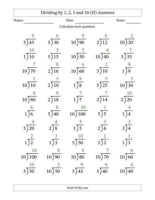 The Division Facts by a Fixed Divisor (1, 2, 5 and 10) and Quotients from 1 to 10 with Long Division Symbol/Bracket (50 questions) (H) Math Worksheet Page 2