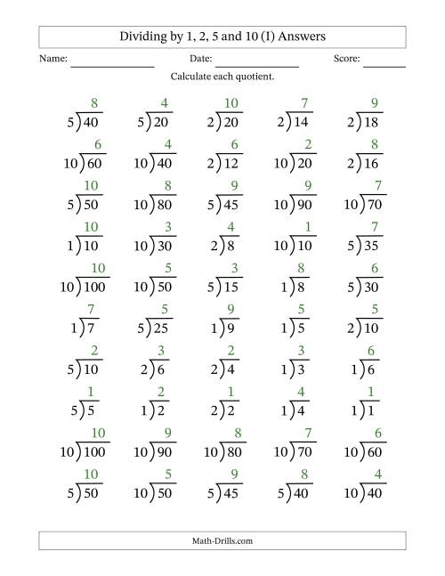 The Division Facts by a Fixed Divisor (1, 2, 5 and 10) and Quotients from 1 to 10 with Long Division Symbol/Bracket (50 questions) (I) Math Worksheet Page 2