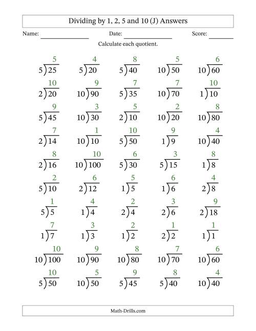 The Division Facts by a Fixed Divisor (1, 2, 5 and 10) and Quotients from 1 to 10 with Long Division Symbol/Bracket (50 questions) (J) Math Worksheet Page 2