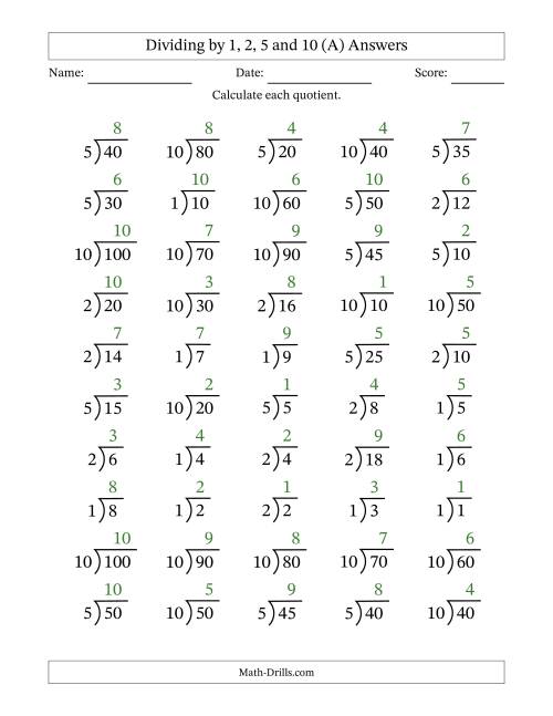 The Division Facts by a Fixed Divisor (1, 2, 5 and 10) and Quotients from 1 to 10 with Long Division Symbol/Bracket (50 questions) (All) Math Worksheet Page 2
