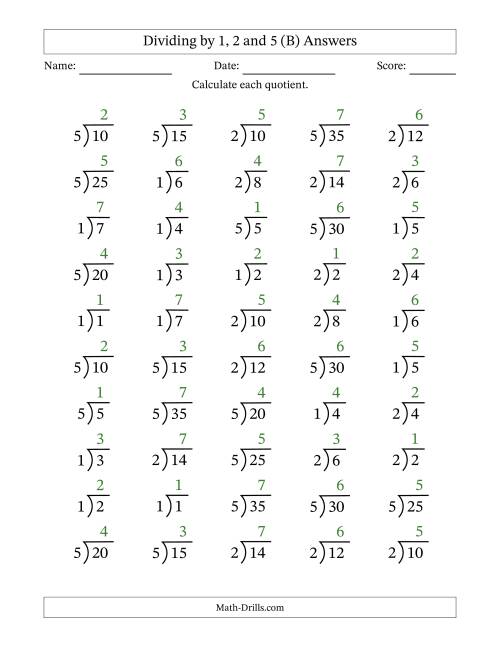 The Division Facts by a Fixed Divisor (1, 2 and 5) and Quotients from 1 to 7 with Long Division Symbol/Bracket (50 questions) (B) Math Worksheet Page 2