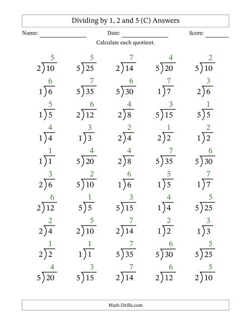 The Division Facts by a Fixed Divisor (1, 2 and 5) and Quotients from 1 to 7 with Long Division Symbol/Bracket (50 questions) (C) Math Worksheet Page 2