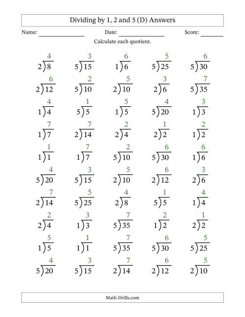 The Division Facts by a Fixed Divisor (1, 2 and 5) and Quotients from 1 to 7 with Long Division Symbol/Bracket (50 questions) (D) Math Worksheet Page 2
