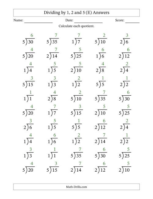 The Division Facts by a Fixed Divisor (1, 2 and 5) and Quotients from 1 to 7 with Long Division Symbol/Bracket (50 questions) (E) Math Worksheet Page 2