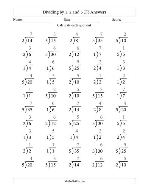 The Division Facts by a Fixed Divisor (1, 2 and 5) and Quotients from 1 to 7 with Long Division Symbol/Bracket (50 questions) (F) Math Worksheet Page 2