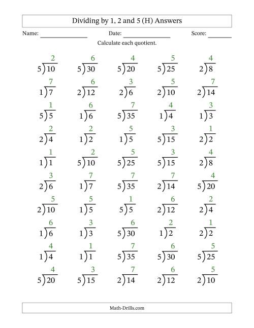 The Division Facts by a Fixed Divisor (1, 2 and 5) and Quotients from 1 to 7 with Long Division Symbol/Bracket (50 questions) (H) Math Worksheet Page 2