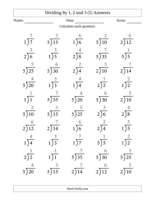 The Division Facts by a Fixed Divisor (1, 2 and 5) and Quotients from 1 to 7 with Long Division Symbol/Bracket (50 questions) (I) Math Worksheet Page 2