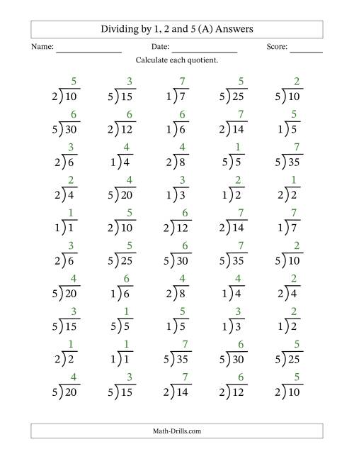 The Division Facts by a Fixed Divisor (1, 2 and 5) and Quotients from 1 to 7 with Long Division Symbol/Bracket (50 questions) (All) Math Worksheet Page 2