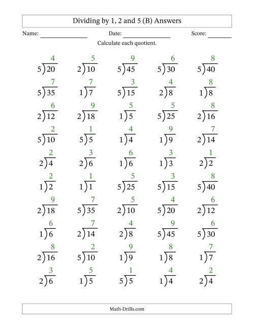 The Division Facts by a Fixed Divisor (1, 2 and 5) and Quotients from 1 to 9 with Long Division Symbol/Bracket (50 questions) (B) Math Worksheet Page 2