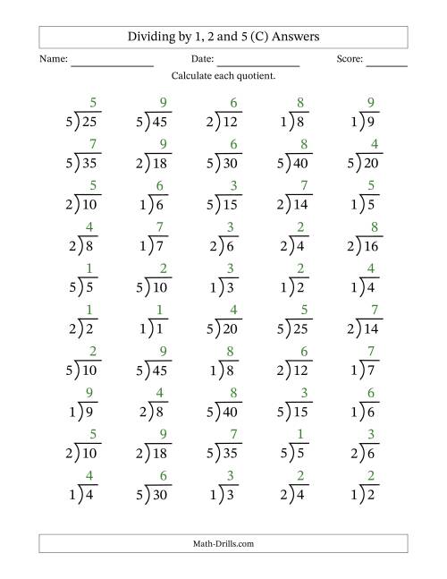 The Division Facts by a Fixed Divisor (1, 2 and 5) and Quotients from 1 to 9 with Long Division Symbol/Bracket (50 questions) (C) Math Worksheet Page 2